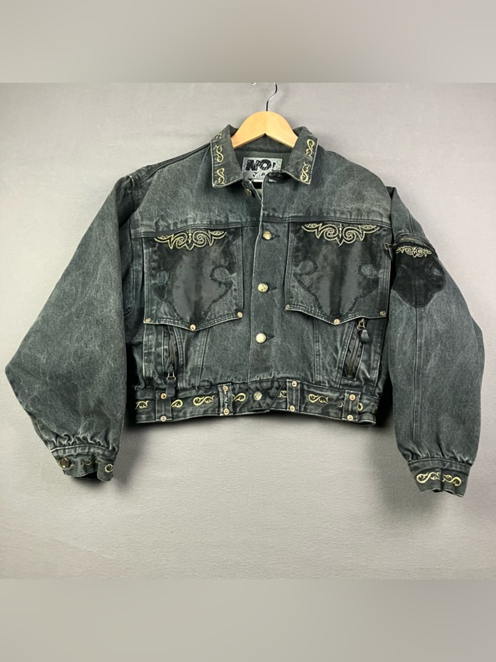 Vintage NO! Jeans Women’s Cropped Denim Jean Jacket Black Embroidered Size S/M?